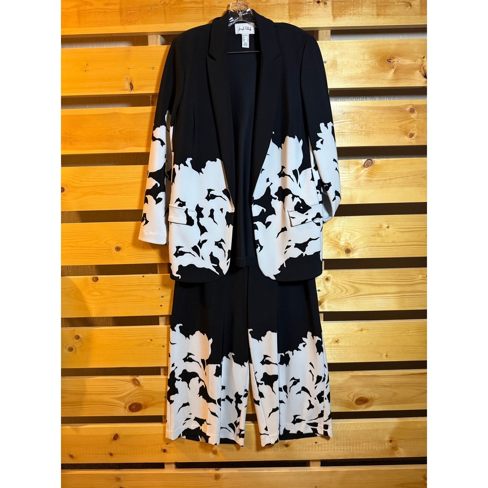 Joseph Ribkoff Blazer Pant Set Womens 8 Black White Floral Graphic 2 Piece Suit